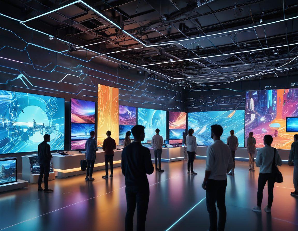 A futuristic digital landscape showcasing technology seamlessly integrating into everyday life, with smiling diverse individuals engaging with innovative gadgets and services. Vivid colors illustrate joy and satisfaction, while abstract circuit patterns decorate the background to signify digital innovation. Include visual elements like holograms and connected devices. super-realistic. vibrant colors. 3D.