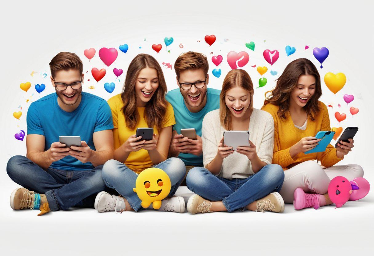 A vibrant and uplifting scene showcasing a diverse group of happy people using various digital devices, surrounded by symbols of technology like smartphones, tablets, and smart home gadgets. Bright colors and abstract representations of happiness such as emojis, digital hearts, and lightbulbs filling the background, illustrating innovation. The setting is a cozy modern environment that reflects comfort and positivity. super-realistic. vibrant colors. white background.